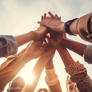 Eine Gruppe von Menschen halten ihre Hände gemeinsam in ihrer Mitte in die Luft